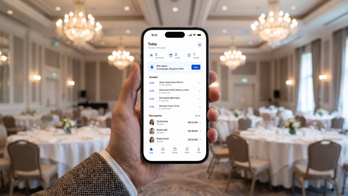 A hand holding a phone with a venue CRM app showing a new corporate gala enquiry and the day's tasks in a ballroom being prepared for an event