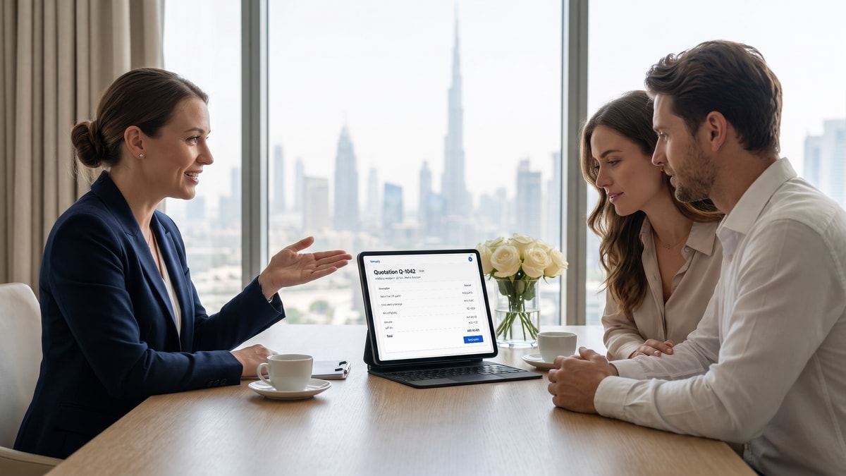 An event planner reviewing a draft wedding quotation on a tablet with a couple in a Dubai venue showroom
