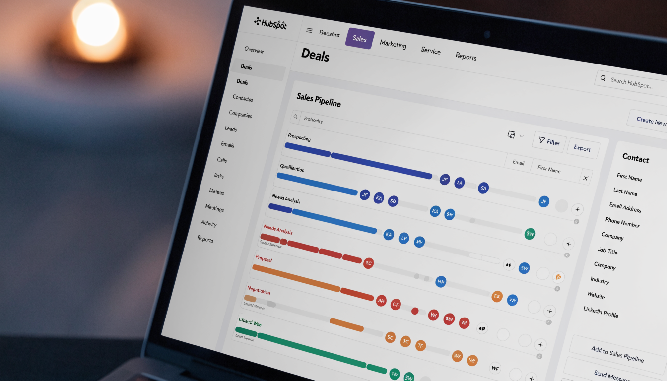 HubSpot CRM pipeline dashboard showing deals organized by stage