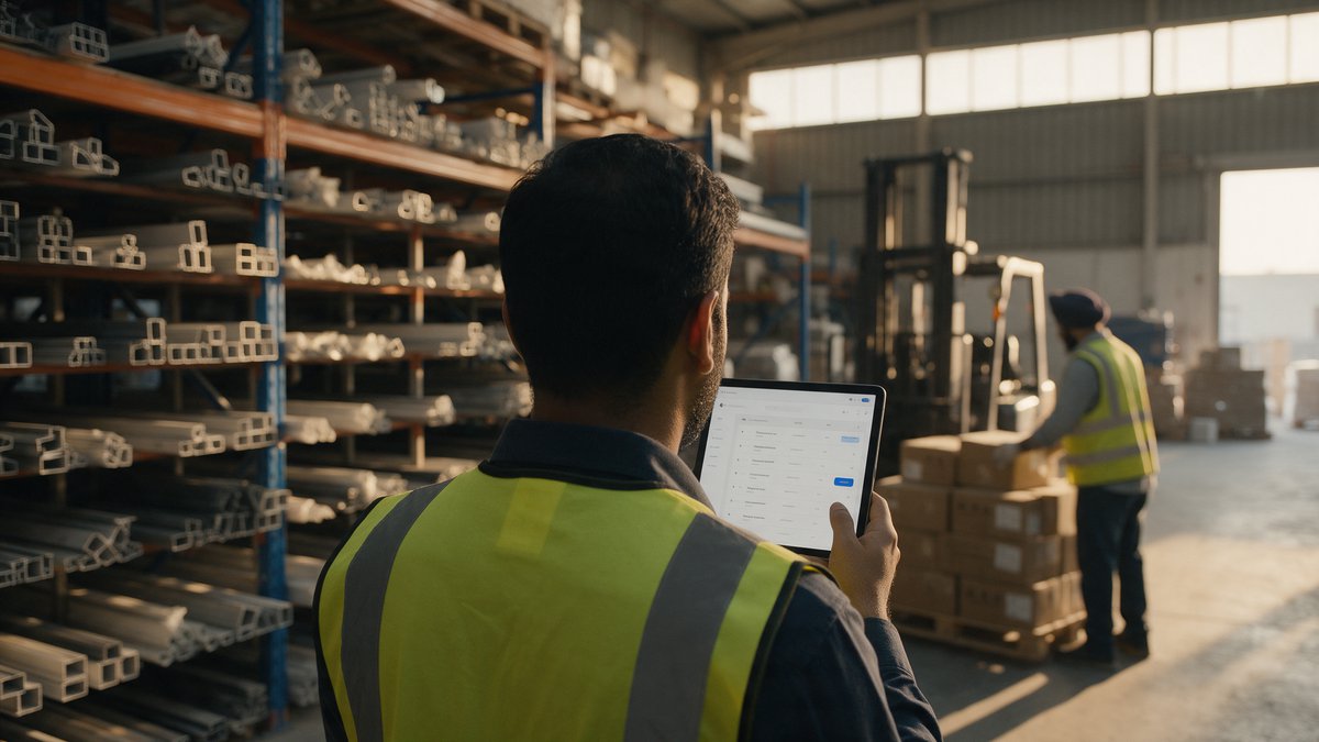 Warehouse coordinator in a Dubai trading warehouse checking new online orders on a tablet while stock is loaded behind