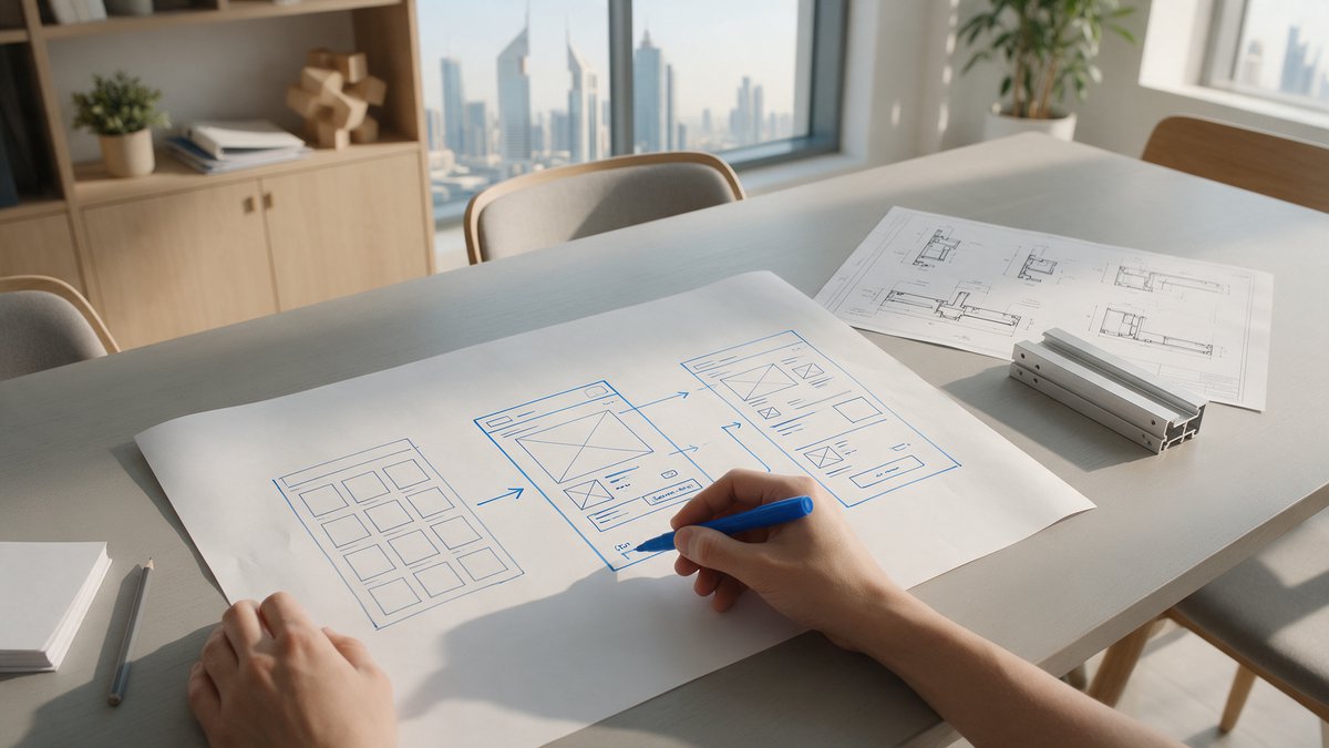 Hand-sketched wireframe of a product catalogue, product page and checkout flow next to an aluminium profile sample in a Dubai office