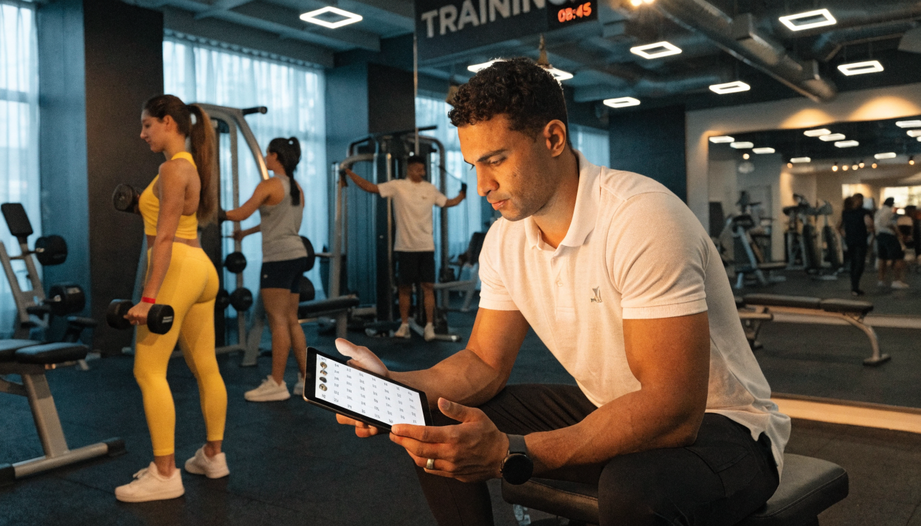 Personal trainer with clients in modern UAE gym, checking online bookings on tablet