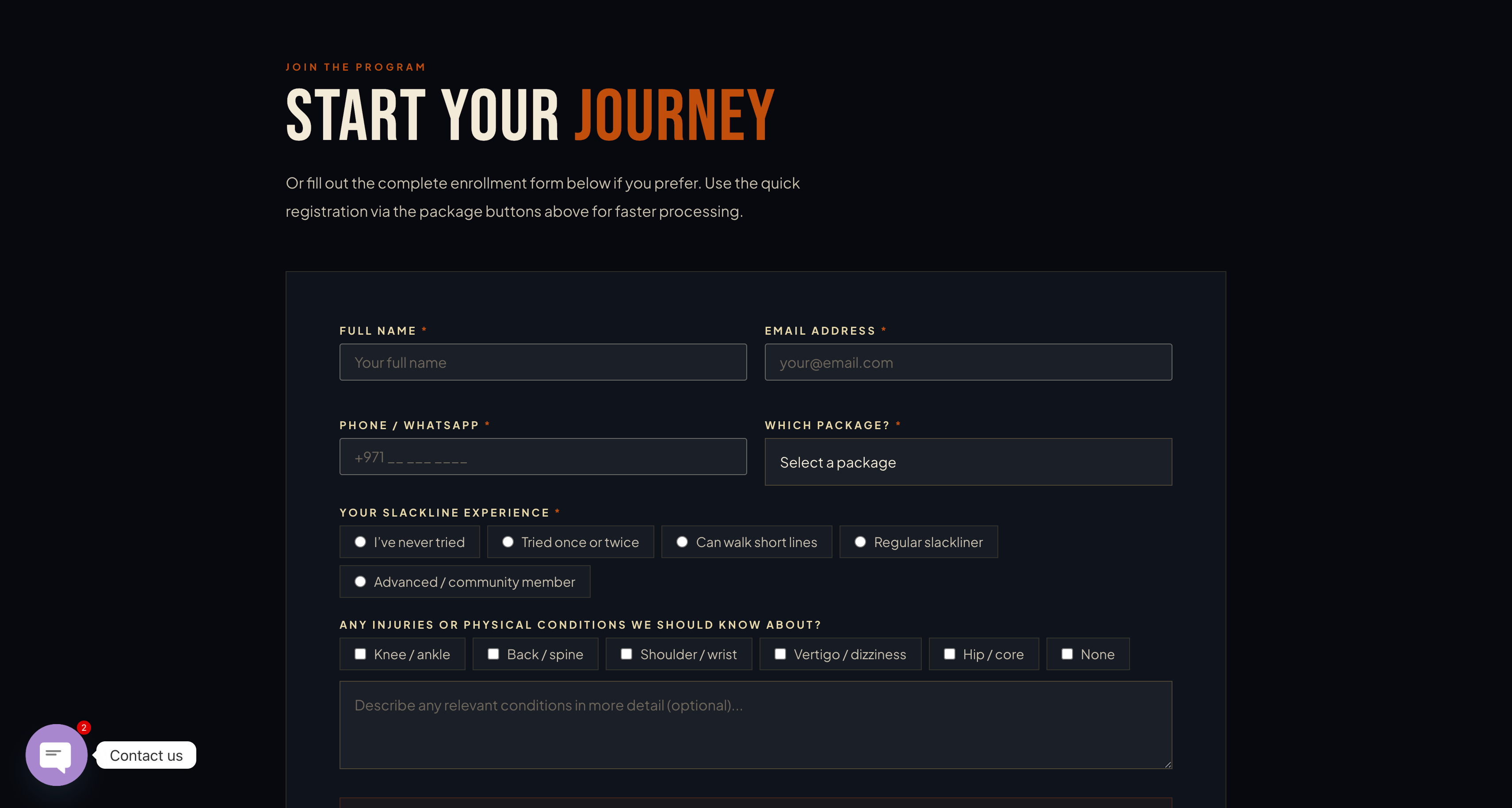 Enrollment form for fitness coaching capturing client details and preferences
