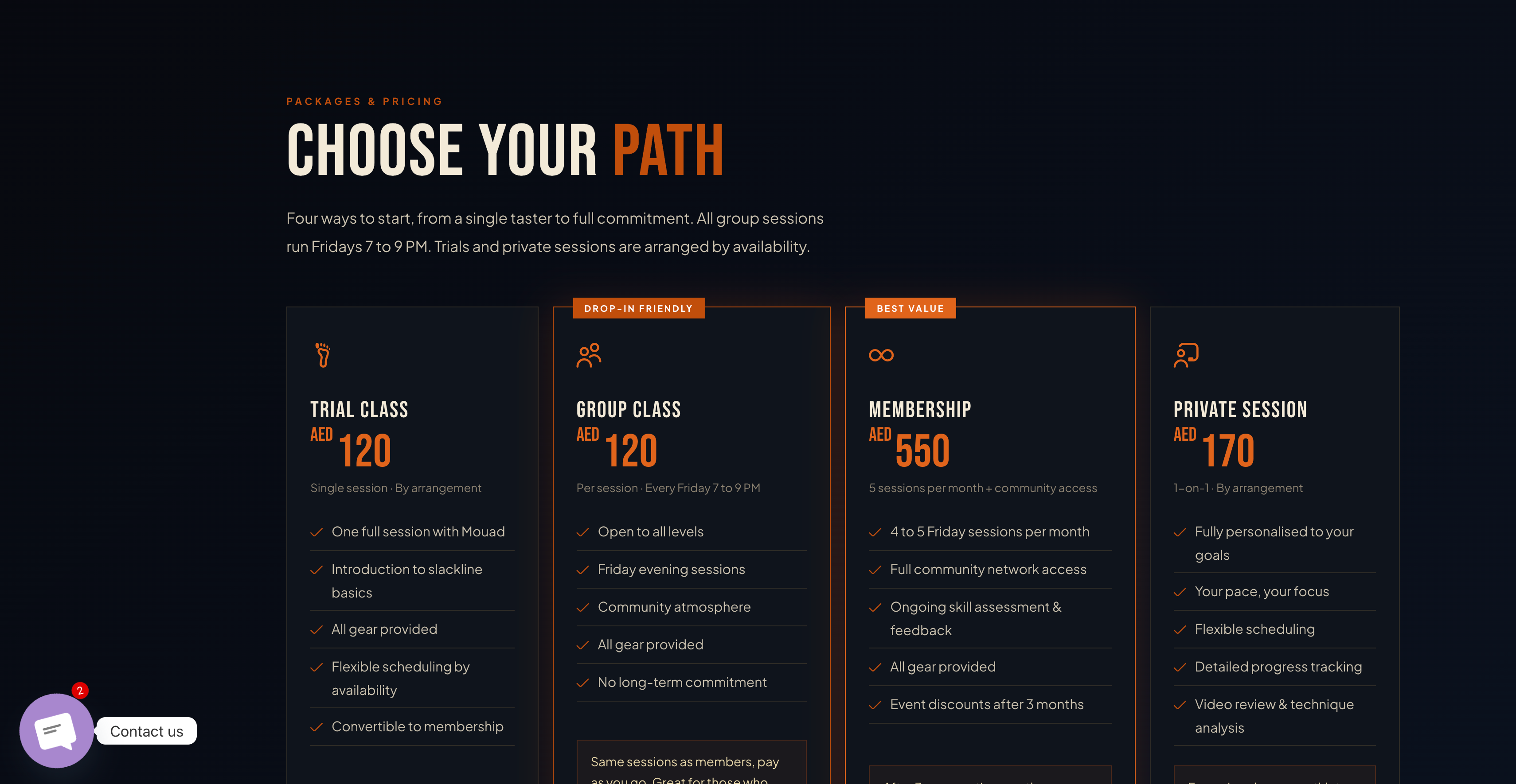 Pricing page showing clear session options, packages, and membership tiers