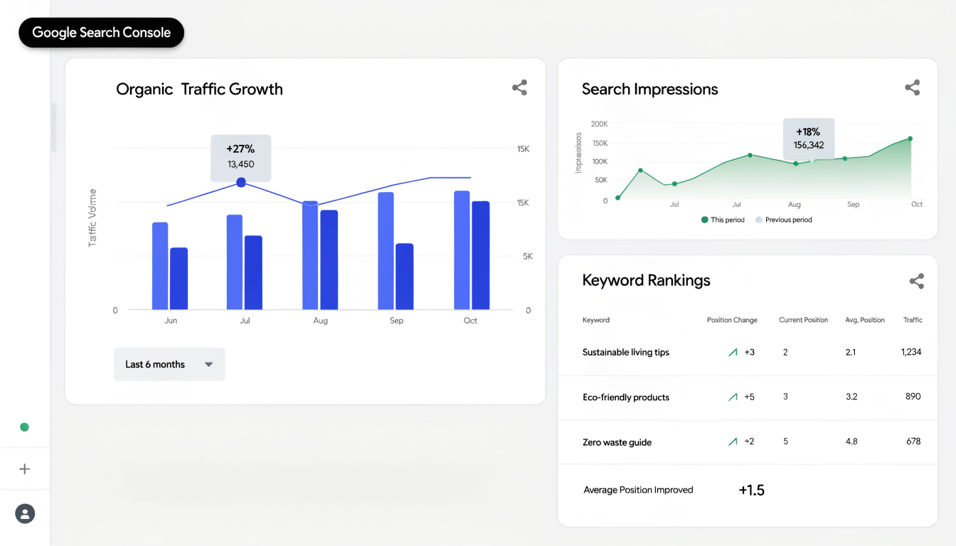 SEO analytics dashboard showing organic traffic growth and keyword rankings