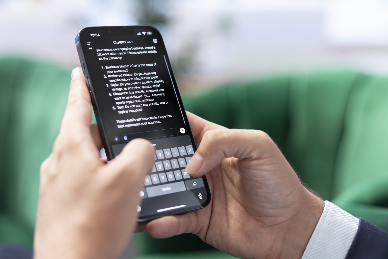 Professional using an AI chat assistant to research