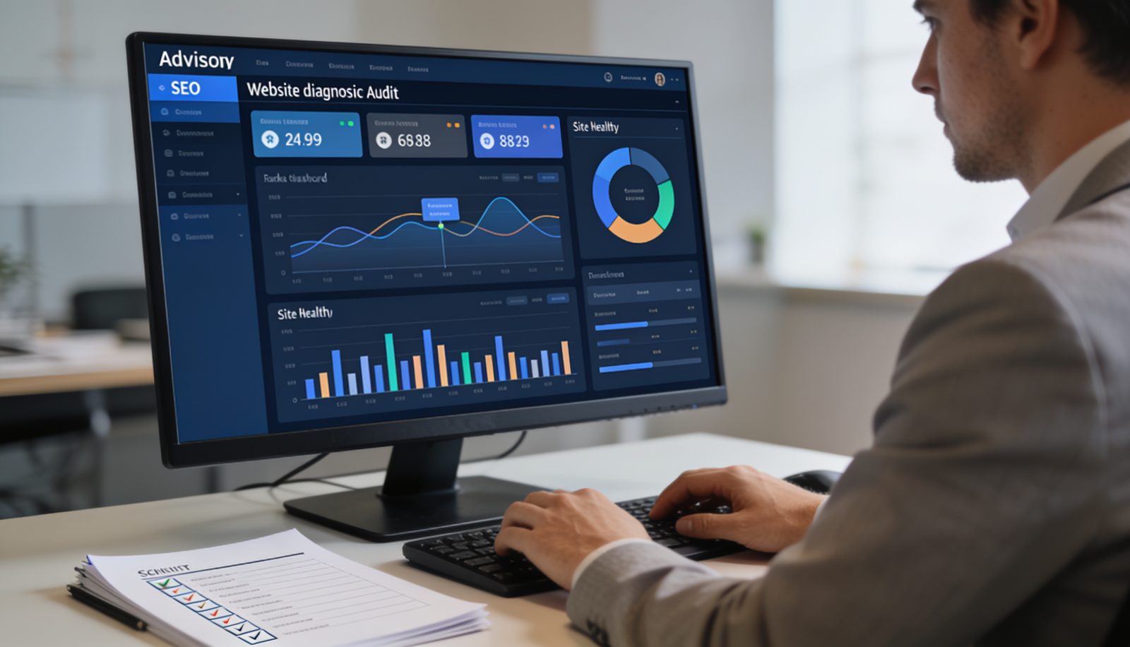 Diagnostic SEO and website audit on screen