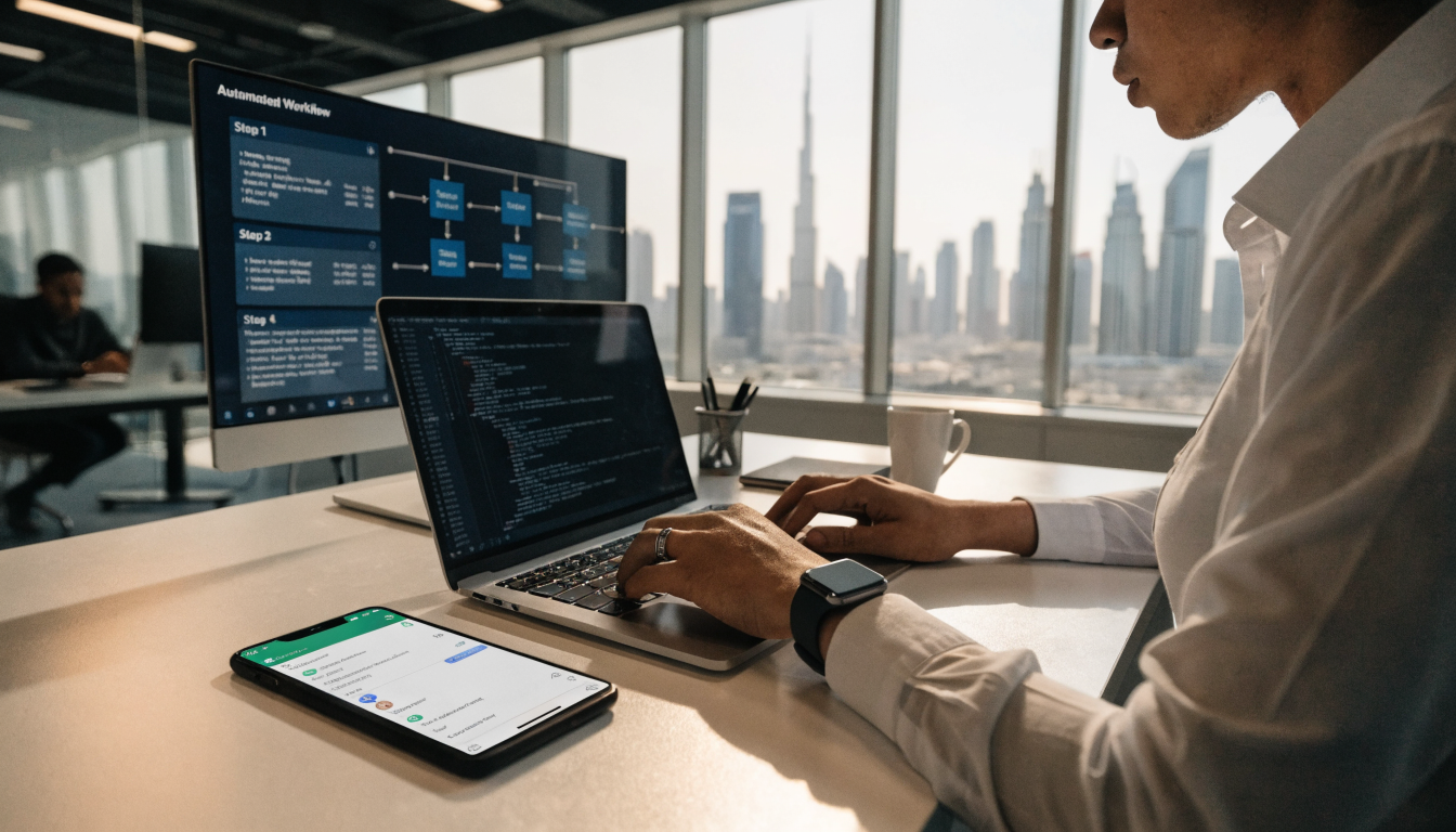 UAE business office with WhatsApp notifications and automated CRM workflow on screen