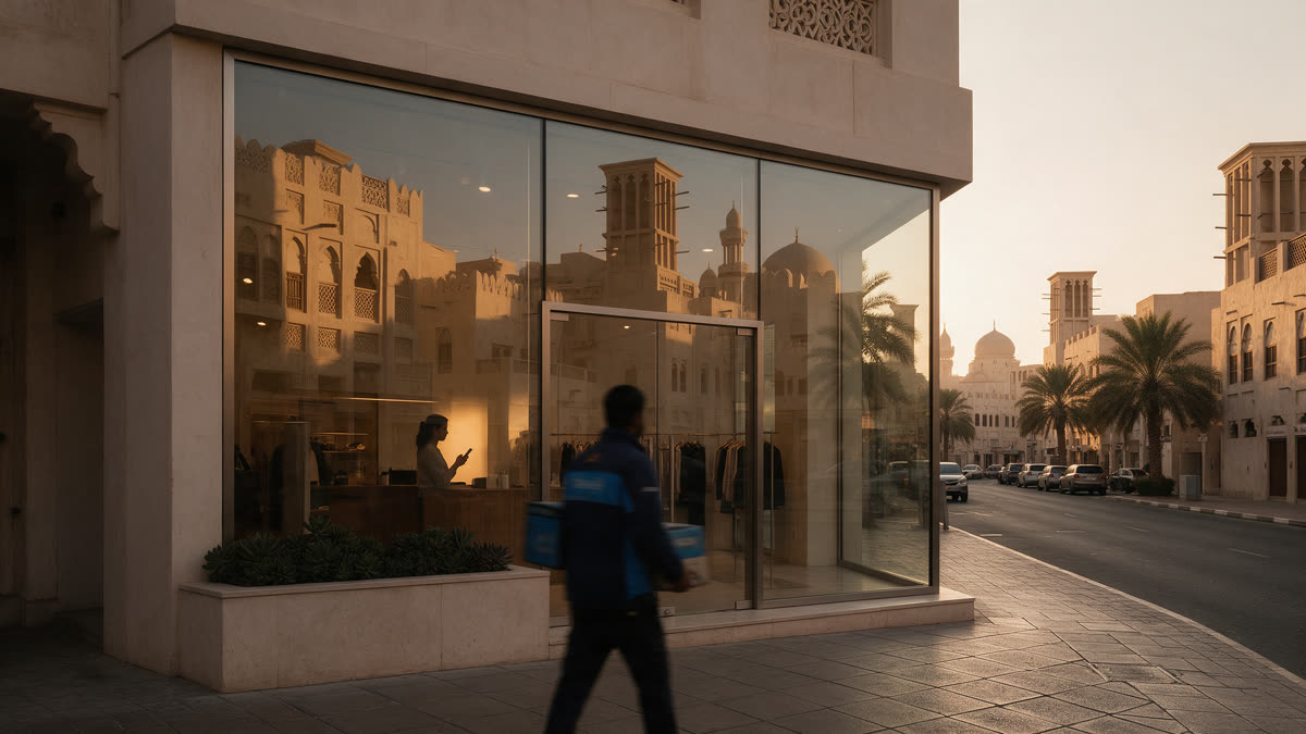Delivery rider walking past the glass front of a boutique in old Dubai at golden hour while a shop assistant inside checks customer messages on a phone