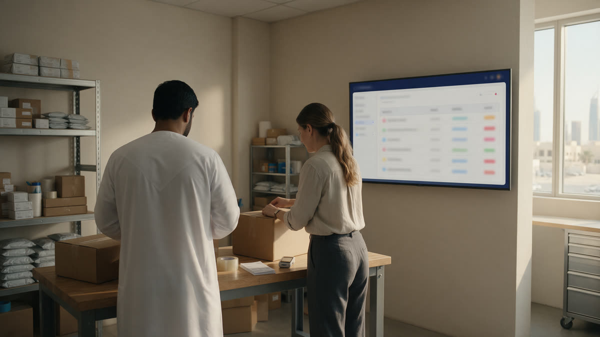 Two members of a Dubai online store's team packing parcels beside a wall screen showing a support dashboard of open conversations and order statuses