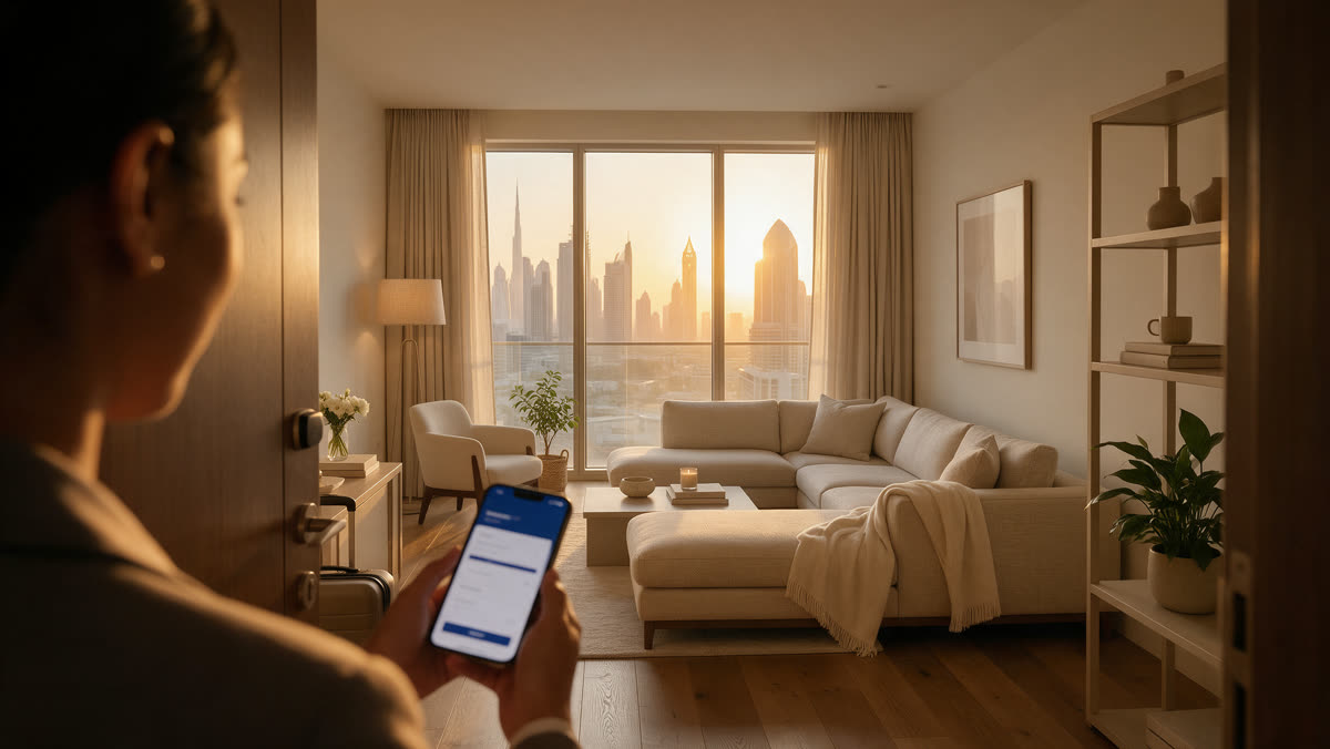 Guest-relations staff member in a furnished Dubai holiday apartment checking a direct booking confirmation on a phone at golden hour