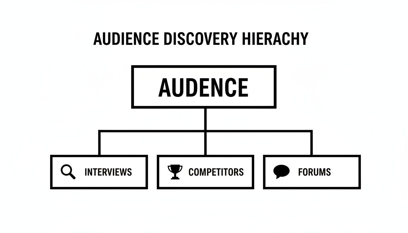 A diagram illustrating the Audience Discovery Hierarchy with Audience at the top, leading to Interviews, Competitors, and Forums.