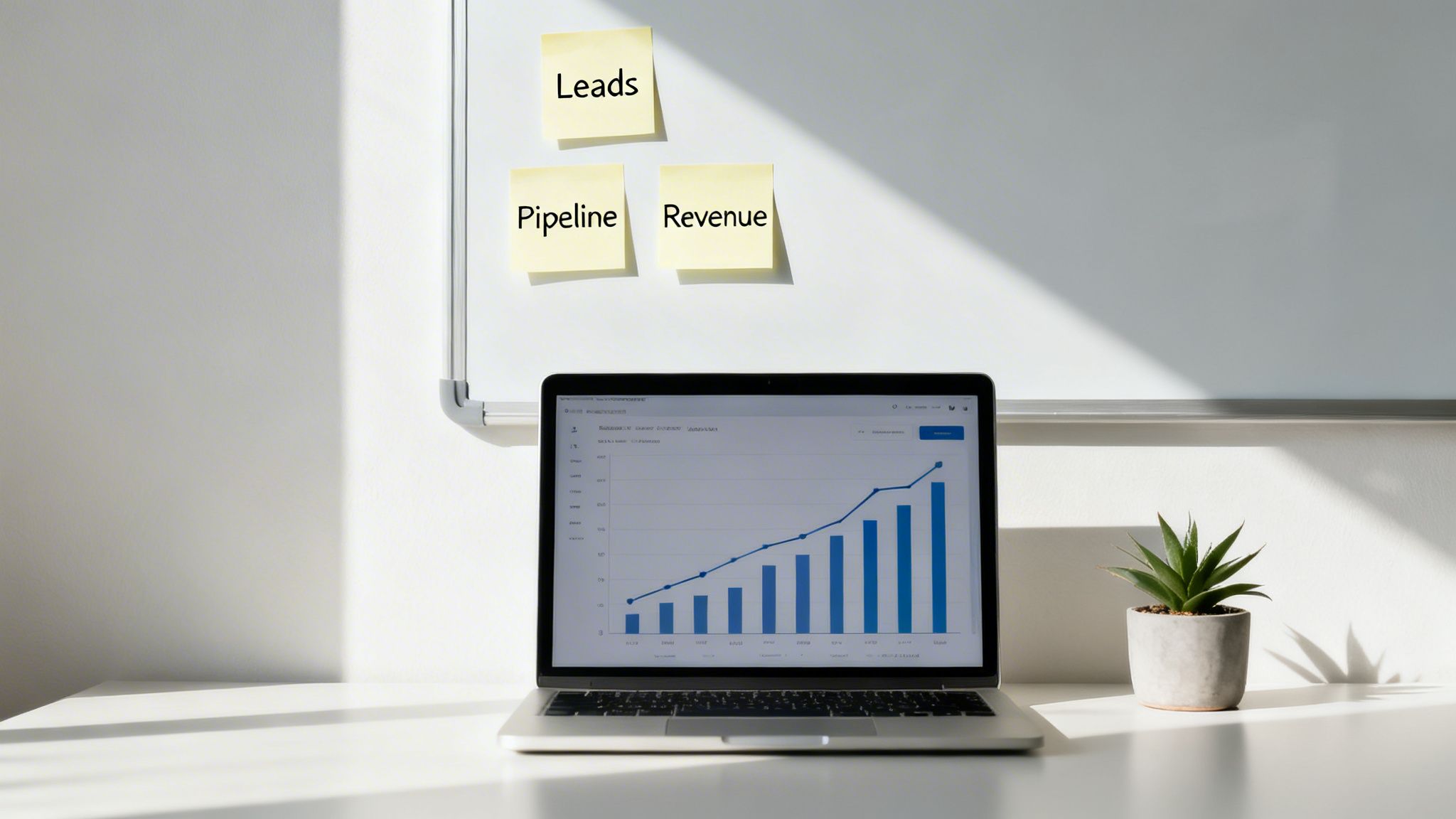 Laptop displaying a sales growth chart next to a whiteboard with 'Leads', 'Pipeline', and 'Revenue' sticky notes.