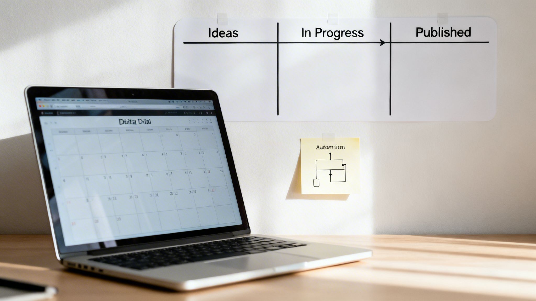 A laptop displaying a calendar app, a whiteboard with workflow stages, and an 'Automotion' sticky note.