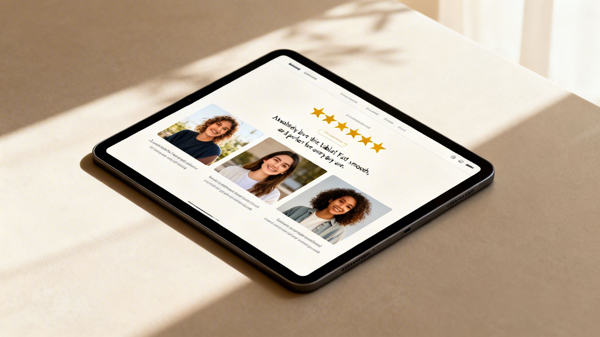 A black tablet displaying a customer review webpage with photos of three smiling women and five-star ratings.