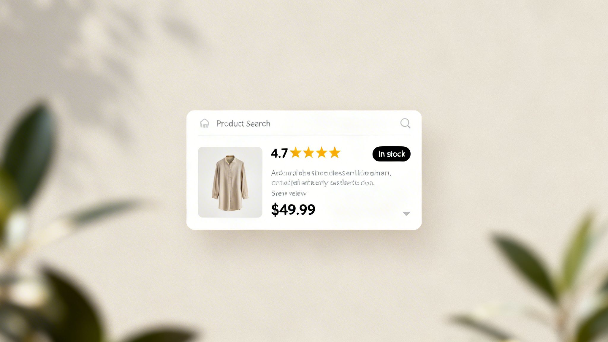 A product card featuring a beige long-sleeve shirt, rated 4.7 stars, priced at $49.99, and currently in stock.