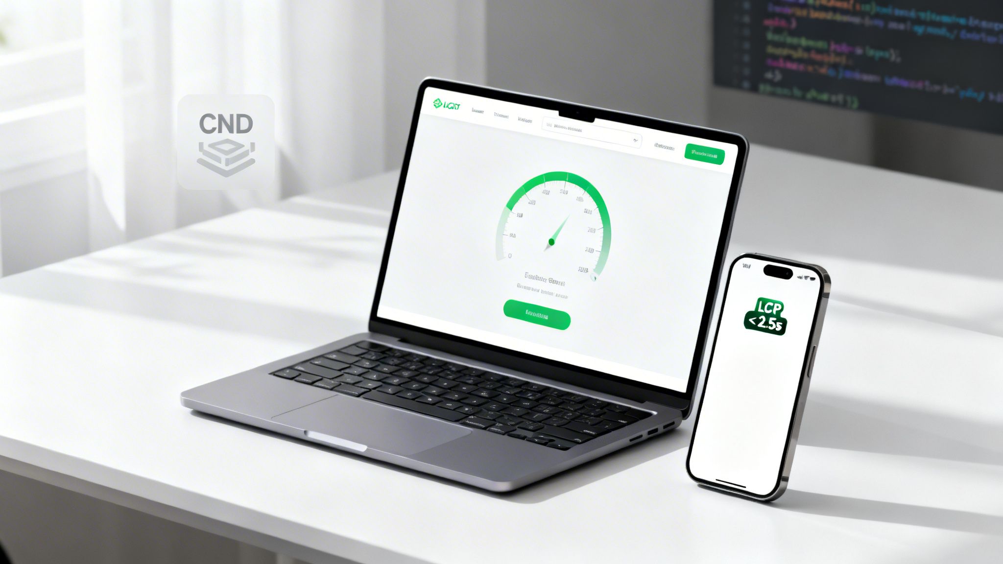 A laptop and smartphone on a white desk, displaying website performance metrics and a 'CDN' logo.
