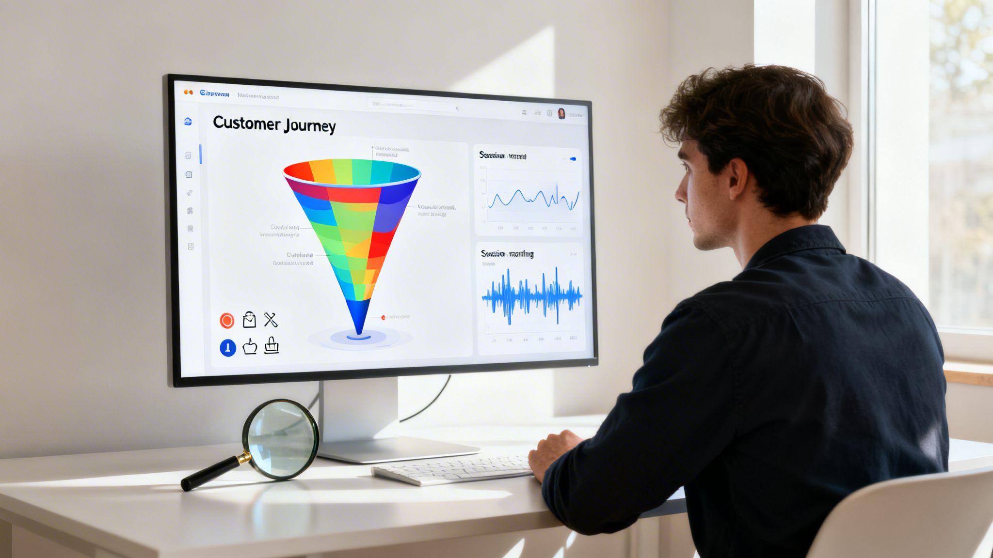 A man analyzing a customer journey funnel and data analytics graphs on a computer monitor.