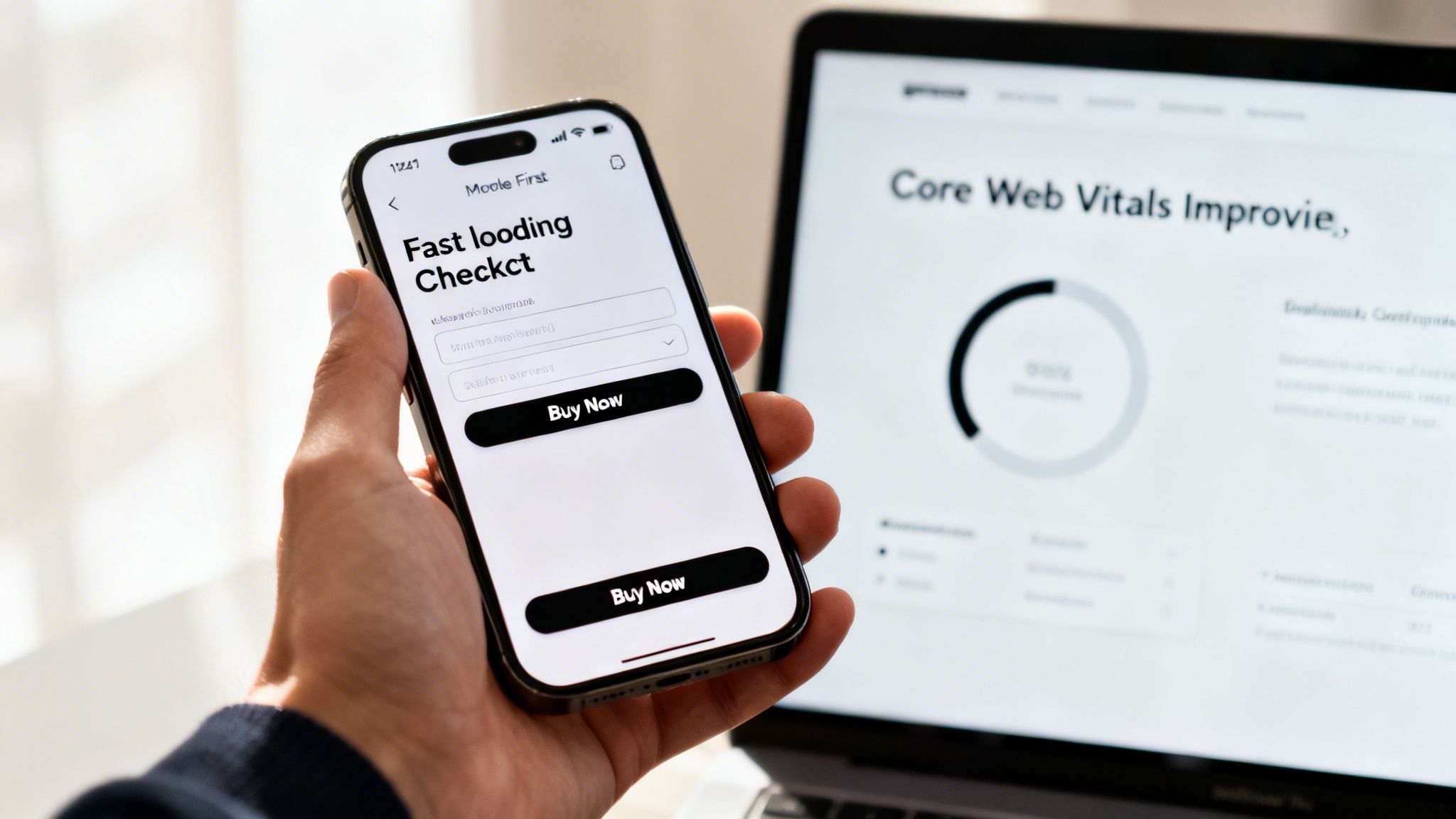 Person holding a smartphone displaying a checkout page, next to a laptop showing Core Web Vitals.