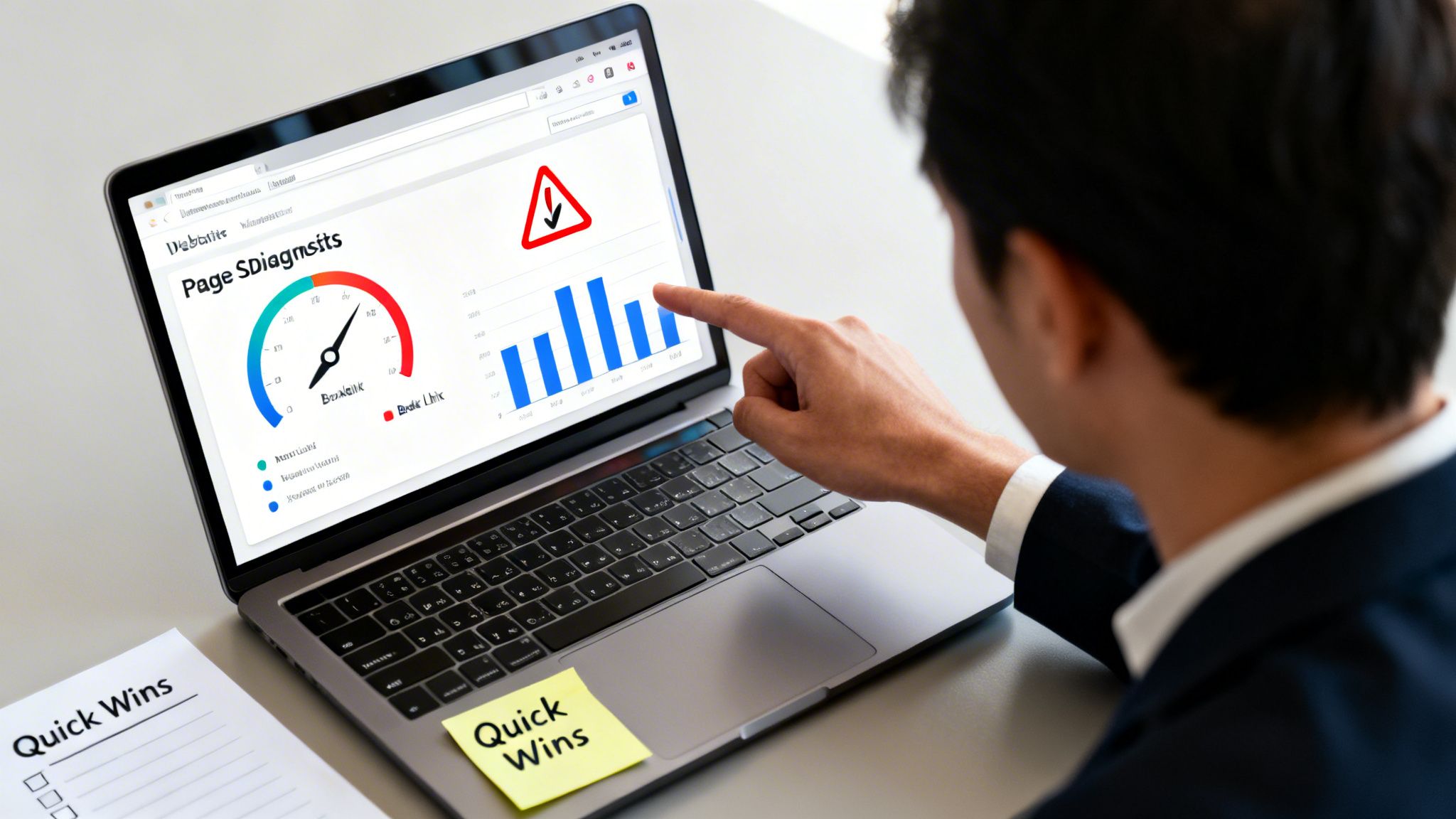 Man reviews website diagnostics dashboard on a laptop, with 'Quick Wins' notes nearby.