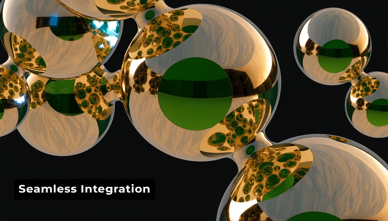 Abstract 3D digital art composition featuring connected metallic gold spheres with reflective green surfaces against black.