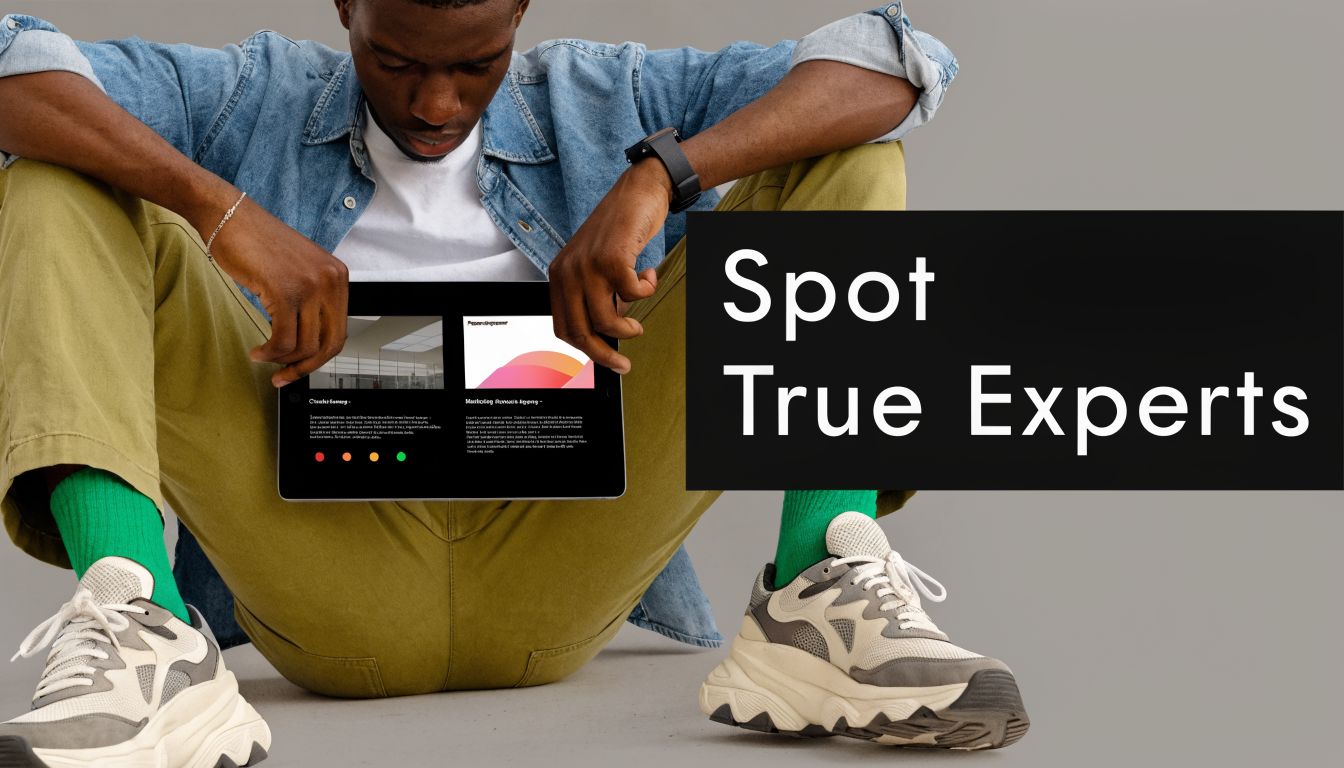 A person holding a tablet displaying digital content with the text Spot True Experts on the side.
