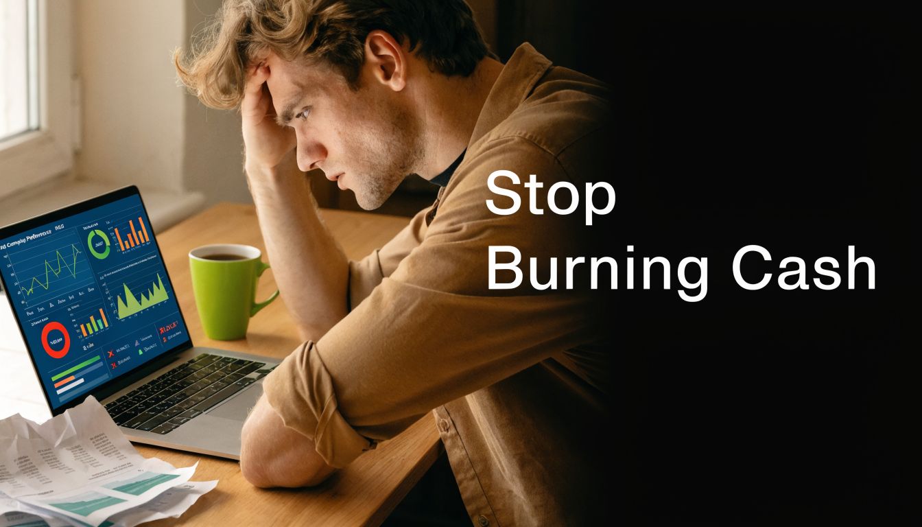 A stressed man looking at financial charts on his laptop while sitting at a wooden desk.