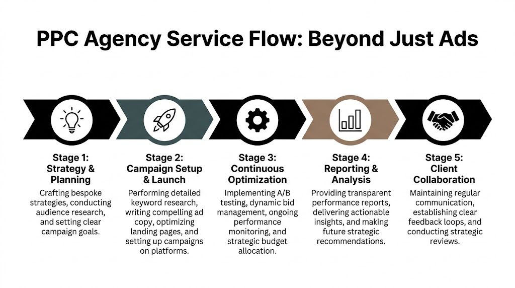 A flow chart outlining the five stages of a professional PPC agency service process for campaigns.