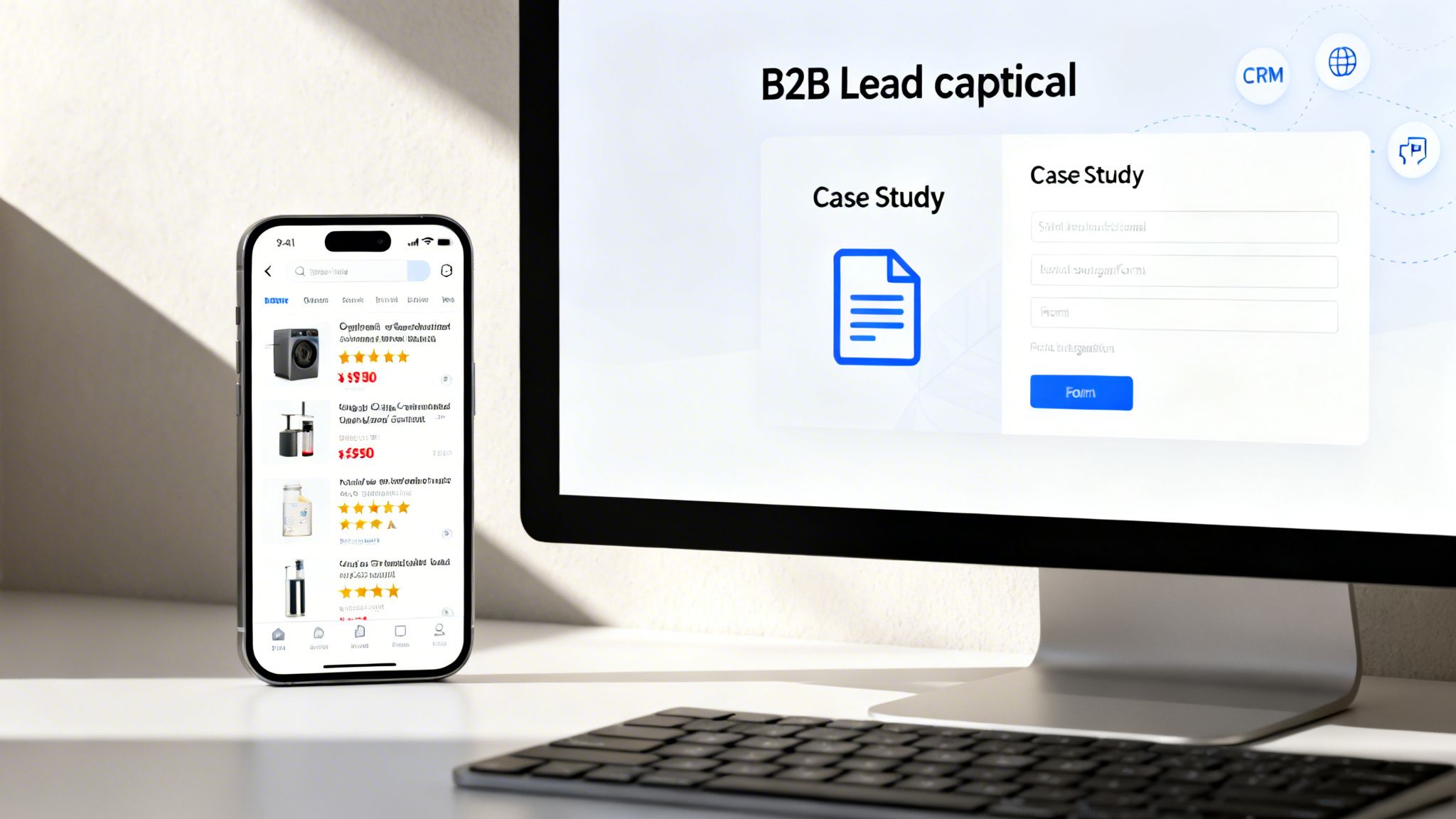 Desktop monitor displaying a B2B lead capture form and a smartphone showing an e-commerce product list.