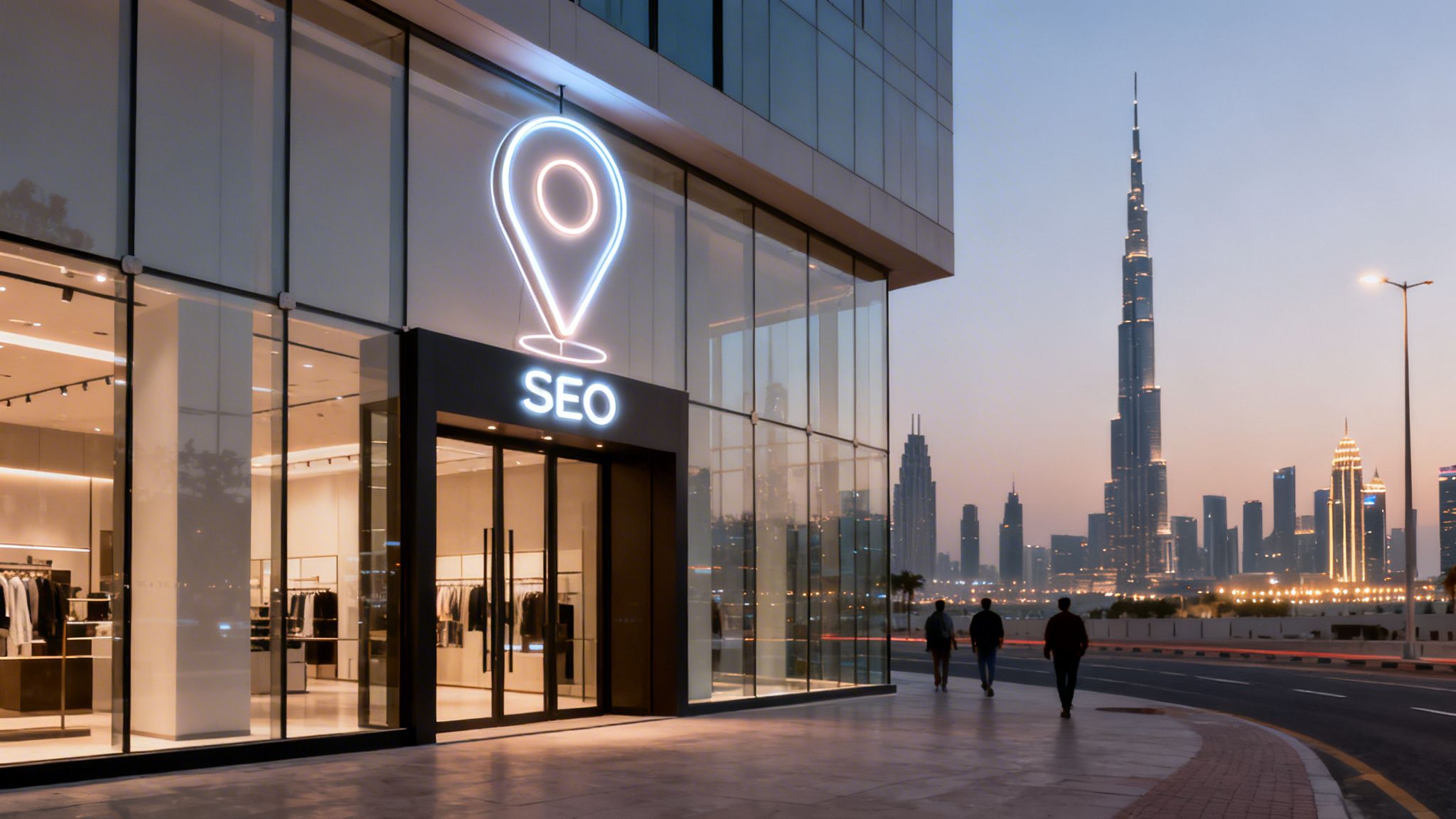 Neon SEO sign outside a modern building with a clothing store interior and Dubai skyline.