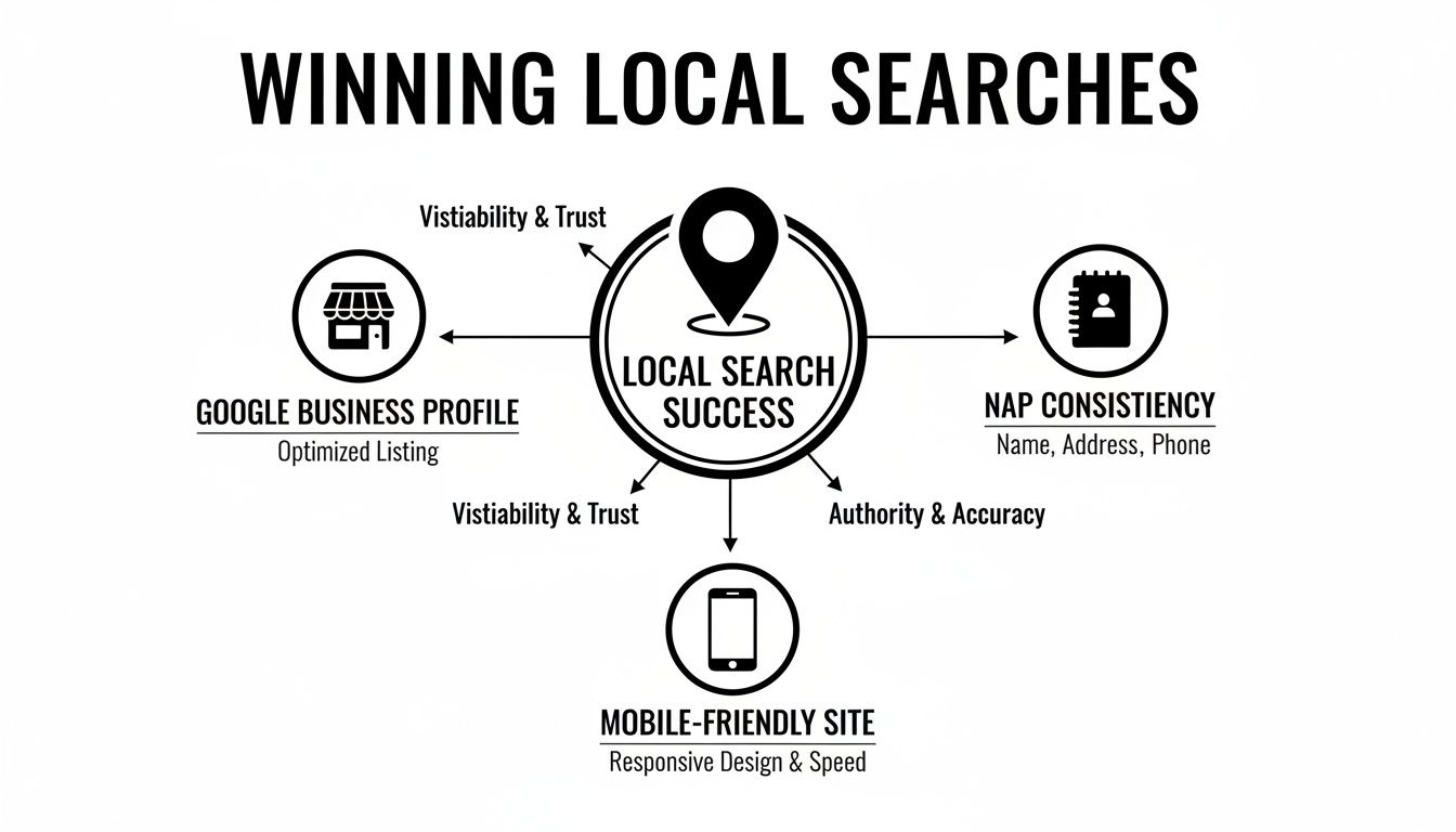 Diagram illustrating key factors for winning local search success, including Google Business Profile, NAP consistency, and mobile-friendly site.